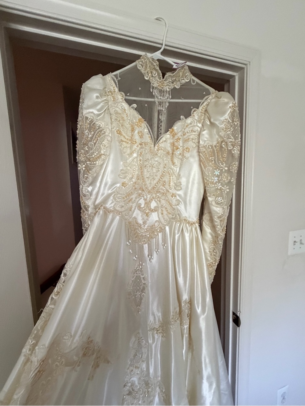 Ivory Satin Wedding Gown with Gold Beaded Embroidery